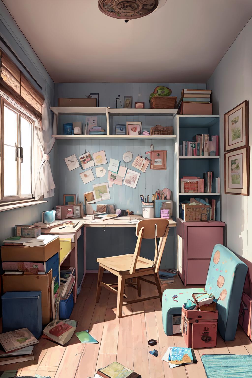 Tidy Lofi Desk Is Chaotic. Manga Style Animation With An Empty Interior.  Colorful Low Fi Study Desk. Cozy Relaxed Atmosphere. Autumn The Trees Are  Turning Orange. Cloudy Days Stock Photo, Picture and